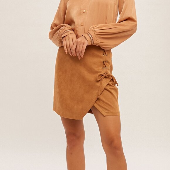 HEM & THREAD Camel Faux Suede Wrap Mini Skirt with Side Tie Lace-Up Detail - Picture 2 of 3